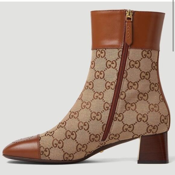GUCCI Ellis GG Monogram Supreme Canvas & Leather Ankle Boots Brown - Picture 2 of 13